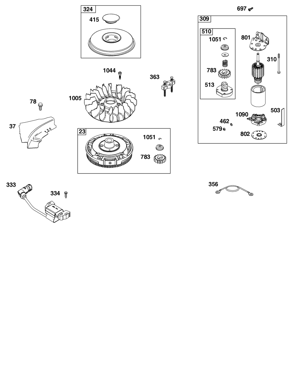 Flywheel, Ignition, And Starter Group Diagram and Parts List for 31R777-0066-G1 200000 - 399999 Briggs and Stratton Engine